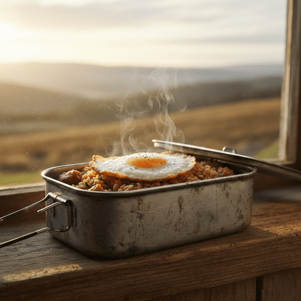 “A worn metal mess tin open on a windowsill at dawn, filled with savory oats and a fried egg, steam rising. Soft golden light, shallow depth of field—evoking resilience, simplicity, and quiet strength.”