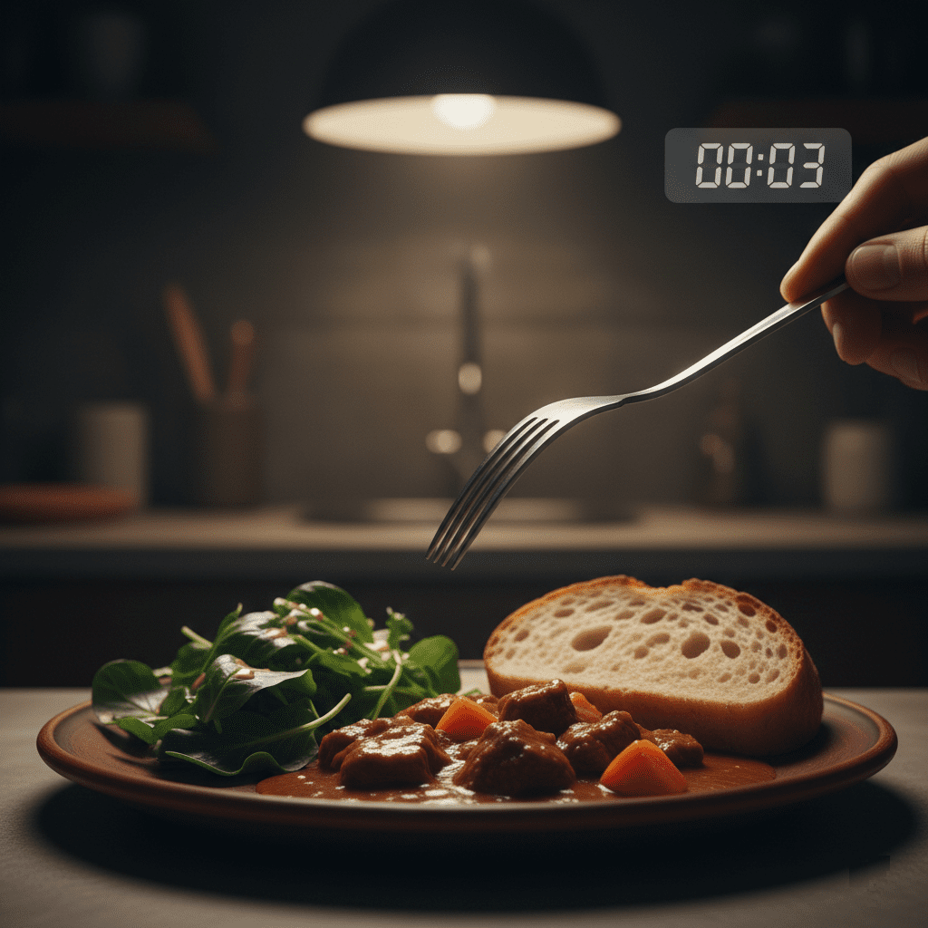 “A fork hovering 2 inches above a plate of simple, real food (stew, bread, greens). A subtle stopwatch overlay showing ‘00:03’. Moody kitchen light, shallow depth of field—evoking tension, choice, and calm power.”